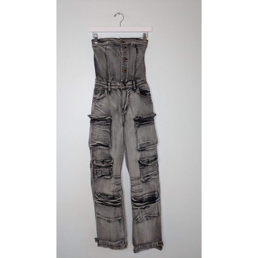 Daisy Y2K Streetwear Strapless Denim Cargo Jumpsuit Gray Acid Wash Moto Small